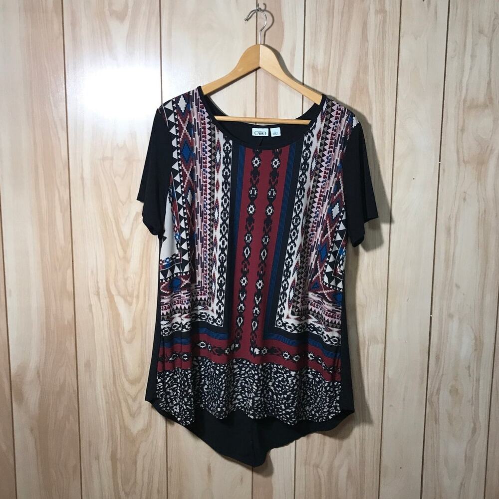 Cato Boho Retro Black Aztec Print Short Sleeve Flowy Tunic Blouse L